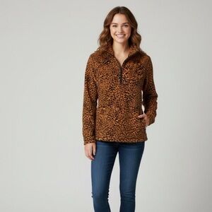 Leopard Print Fleece Quarter Zip Pullover - NIP - Size: Large